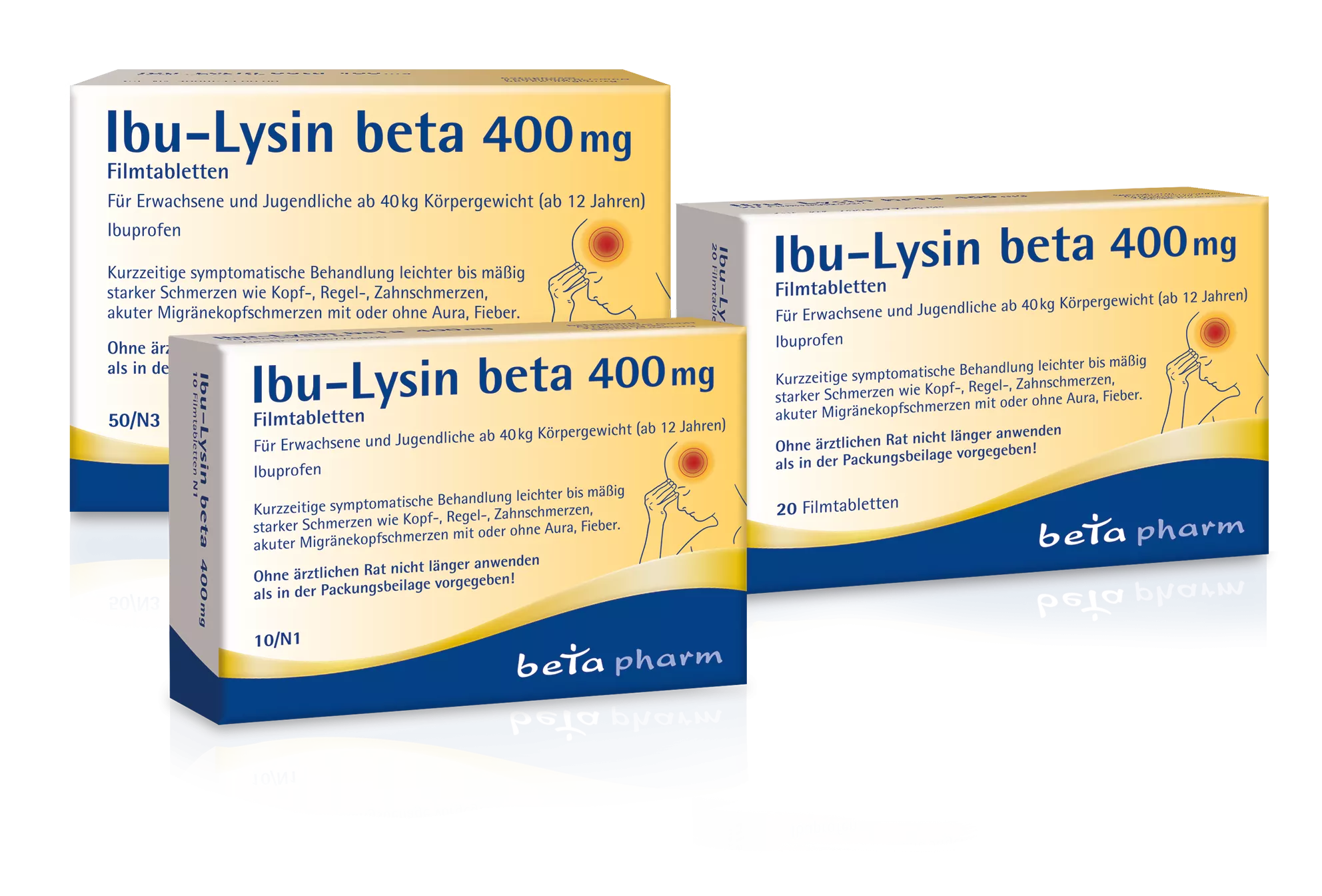 Three Packshots of Ibu-Lysin beta 400 mg